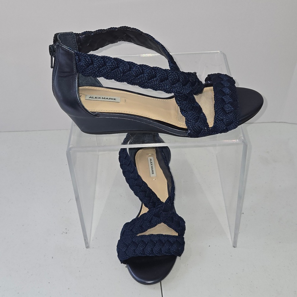 Alex Marie Navy Blue Braided Strappy Wedge Sandals Womens‎ Size 7M AC336